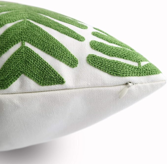 Tropical Leaf Embroidery Throw Pillow Covers 18x18 Inches Decorative Floor Pillow Cover for Couch Green Leaf 100% Cotton Cushion Cover Symmetric Palm Leaves Embroidered 45x45cm, 1 Piece