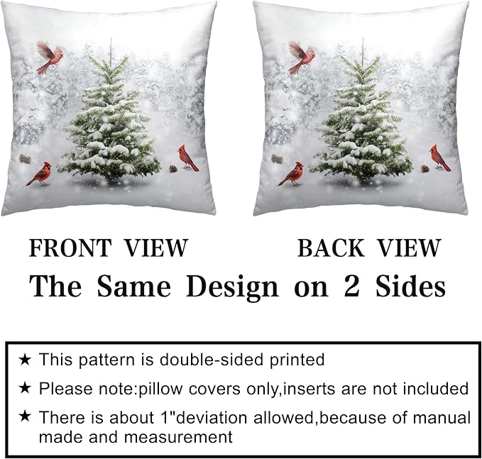 Winter Pillow Covers 16x16 Set of 2 Snowy Pine Trees Decorative Pillow Covers Natural Forest Cardinal Birds Pillow Case for Living Room Patio Couch