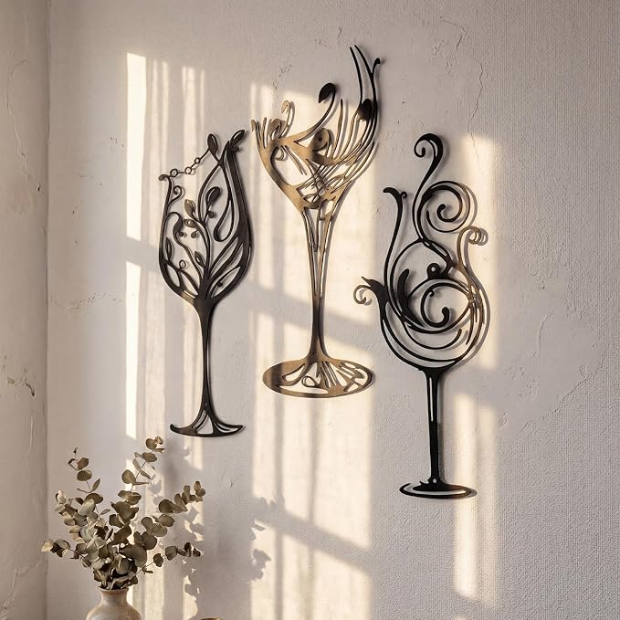 3 Pcs Wine Wall Art Black Metal Wine Sign 3 Style Modern Metal Bar Decor for Wall Drinker Gift for Dining Room and Entertaining Spaces(Classic)