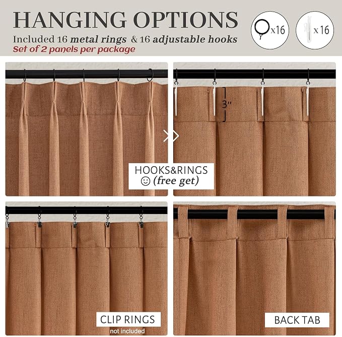 PleatedDrapes Antique Burnt Orange Sheer Autumn Curtains & Drapes 108 Inches Long 2 Panels, Light Filtering Privacy Curtain Rust Linen Blend with Hooks Rings for Living Room/Sunroom/Office,Terracotta