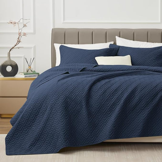 EXQ Home Quilt Set Queen Size Summer Squares Pattern Navy Bedspread | Bedding Set For All Season Use, Soft & Breathable Coverlet,3-Piece Set Includes 2 Shams, Machine Washable