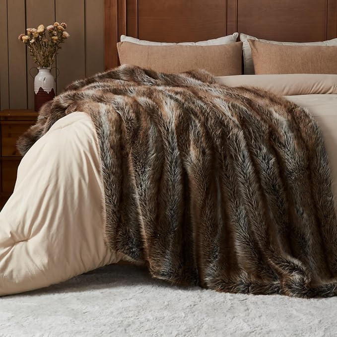 NEWCOSPLAY Faux Fur Thick Throw Blanket for Couch,Stripe Dark Brown,50"x60" | Luxury Fluffy Thick Warm Blanket for Couch Sofa Bed 1000GSM, Soft Plush Cozy Decorative Throw, Gift for Women Men