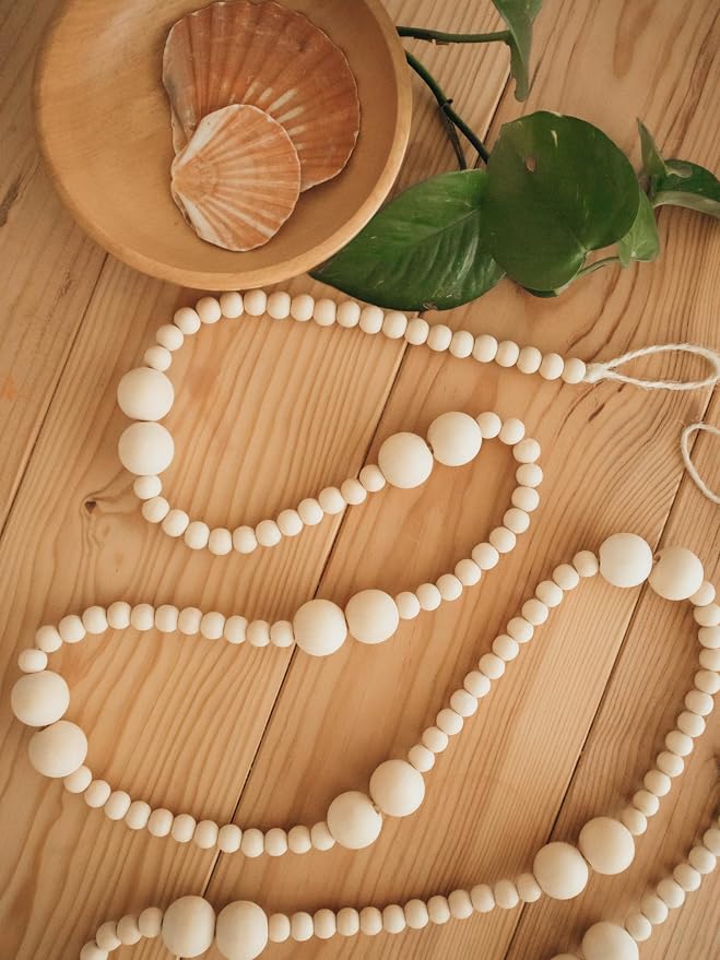 7ft Wooden Beads Garlands, Xmas Bead Garland Round Craft Bead, Wall Hanging for Country Natural Holiday Christmas Tree, Wooden Beads for Home Décor 2 Ball Design (Natural Wood)