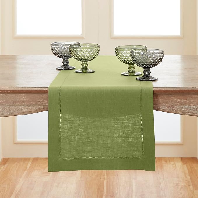 Solino Home 100% Pure Linen Table Runner Moss Green Hemstitch, 14 x 132 in | Classic Hemstitch, dresses up dining tables for everyday meals, hemstitched border, mitered corners, soft, OEKO-TEX Certified