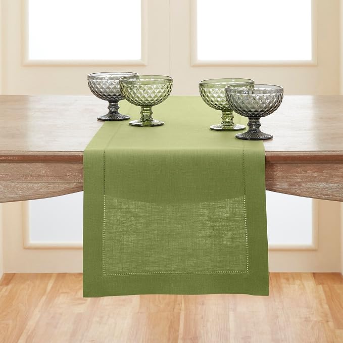 Solino Home 100% Pure Linen Table Runner Moss Green Hemstitch, 14 x 72 in | Classic Hemstitch, dresses up dining tables for everyday meals, hemstitched border, mitered corners, soft, OEKO-TEX Certified