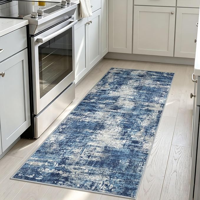 Lansny Abstract Washable Kitchen Runner 2x5 Runner Rug Non Slip for Hallway | Blue;Thin Printed Faux Wool Entryway Runner Indoor;Hallway Runner Rug;Rubber Backed 5ft Floor Carpet Runners;Bedroom Runners