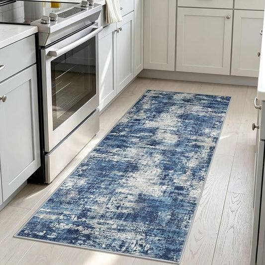 Lansny Abstract Washable Kitchen Runner 2x5 Runner Rug Non Slip for Hallway | Blue;Thin Printed Faux Wool Entryway Runner Indoor;Hallway Runner Rug;Rubber Backed 5ft Floor Carpet Runners;Bedroom Runners