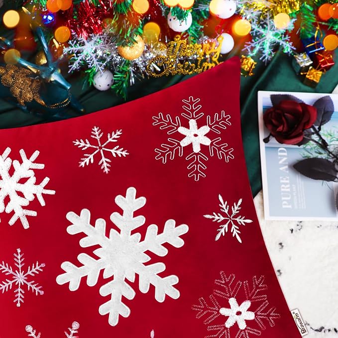 BRAWARM Christmas Pillow Cover 12 X 20 Inches, Christmas Red Snowflake Embroidered Lumbar Pillow Cover, Soft Velvet Decorative Throw Pillow for Couch Bed Sofa Living Room Home