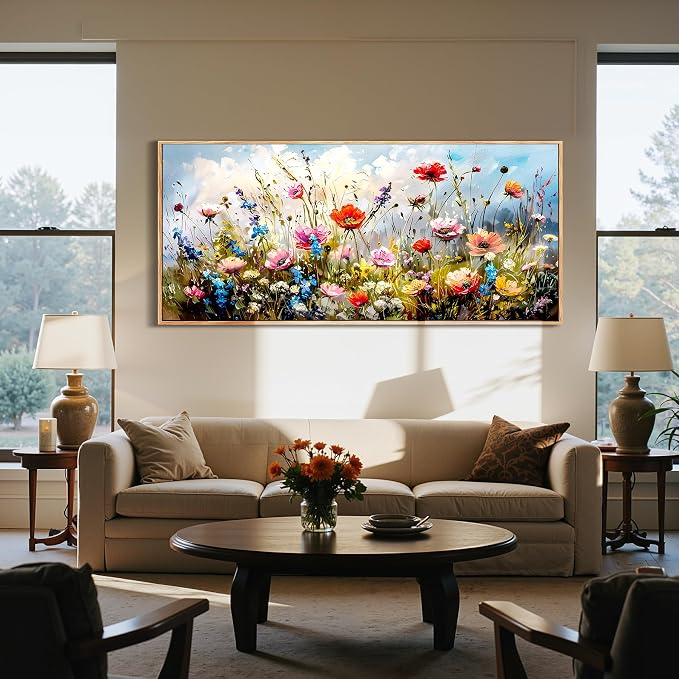 SERIMINO Framed Floral Wall Art, Modern Wildflower Canvas Pictures 32"x71" | Extra Large Colorful Wall Decor, Modern Wildflower Painting, Office Hotel Hallway Decor, Ready To Hang, Sturdy Frame
