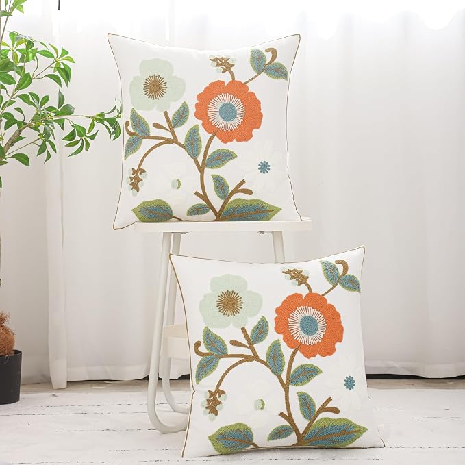 Embroidered Throw Pillow Covers 18x18 Pack of 2 Green and Orange Pillow Covers Flowers with Leaves Pillow Cushion Case Summer Decorative Farmhouse Pillowcases Square Rustic Floral Pillow Case