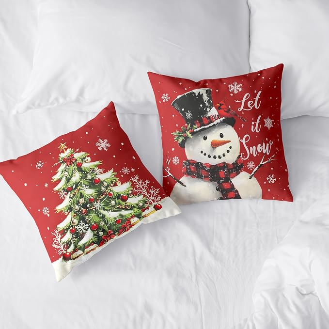 Red Christmas Pillow Covers Snowman Throw Pillow Covers Xmas Tree Pillow Case 22x22 Winter Snowflakes Cotton Blend Cushion Case for Holiday Decor Couch Sofa 2 Pack
