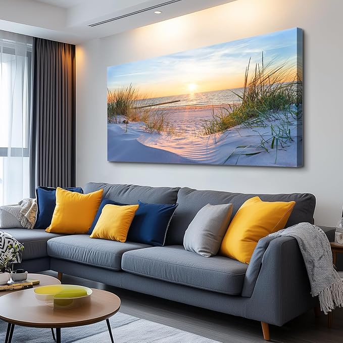 Wall Art For Living Room Large Size Wall Decorations Pictures Blue Sun Beach Grass Ocean Landscape Painting Office Wall Decor Canvas Prints Ready To Hang For Home Decoration Works Of Art 24" X 48"