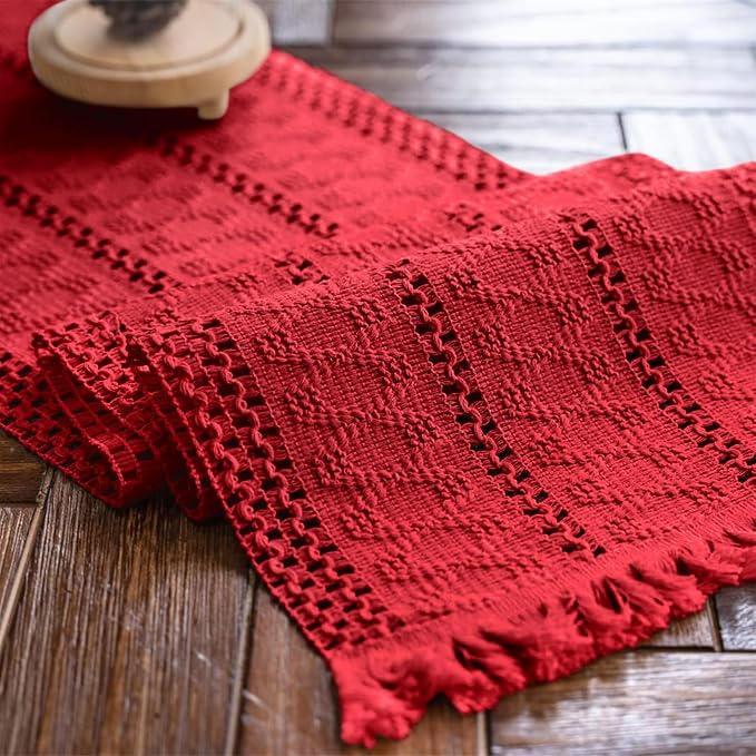Macrame Table Runner Christmas Red Boho Table Runners with Tassels 12x71in | Alynsehom Hand Woven Cotton Table Runner Rustic Farmhouse Table Runners for Xmas Kitchen Dining Table