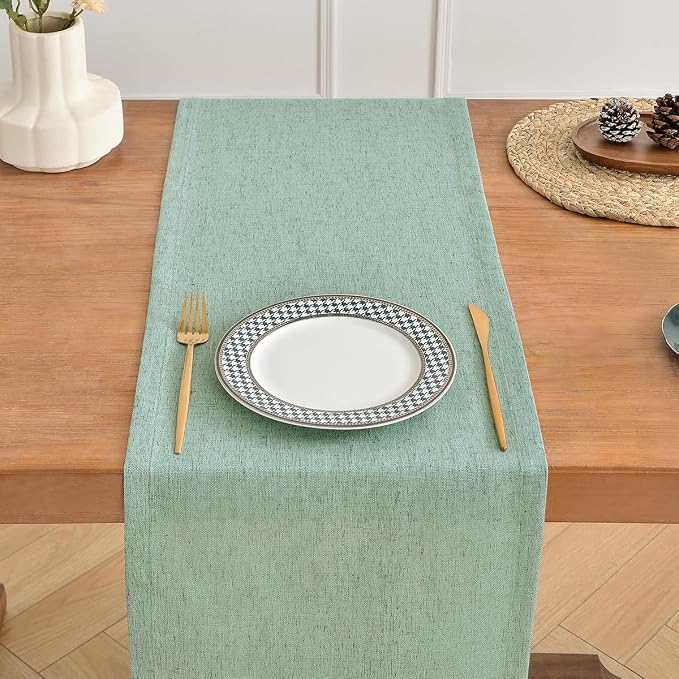 Wracra Linen Table Runner, Light Green Table Runners 48 Inches Long | Rich Woven Linen Blend Fabric, Machine Washable, Rustic Farmhouse Handcrafted Table Runner for Dresser Dining Table Decor