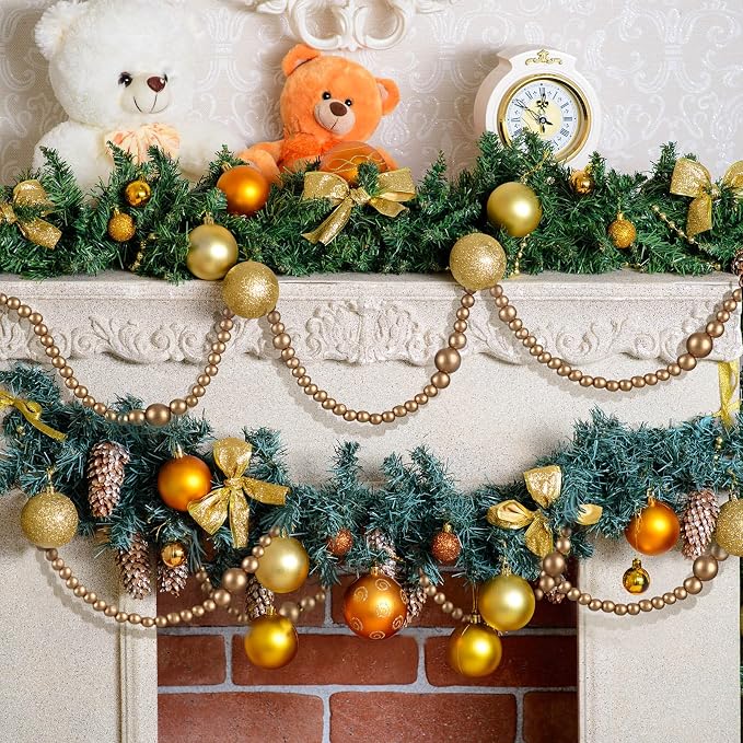 12 Feet Summer Christmas Wooden Beads Garland Round Craft Farmhouse Vintage Christmas in July Wood Bead Garlands for Xmas Supplies(Gold)