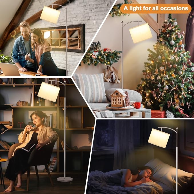 Ambimall 60" Floor Lamp for Living Room with 3 Color Temperatures, Adjustable Beige Shade with Light Gold Pole, Tall Lamp for Bedroom Office Classroom Dorm Room, 9W Bulb Included