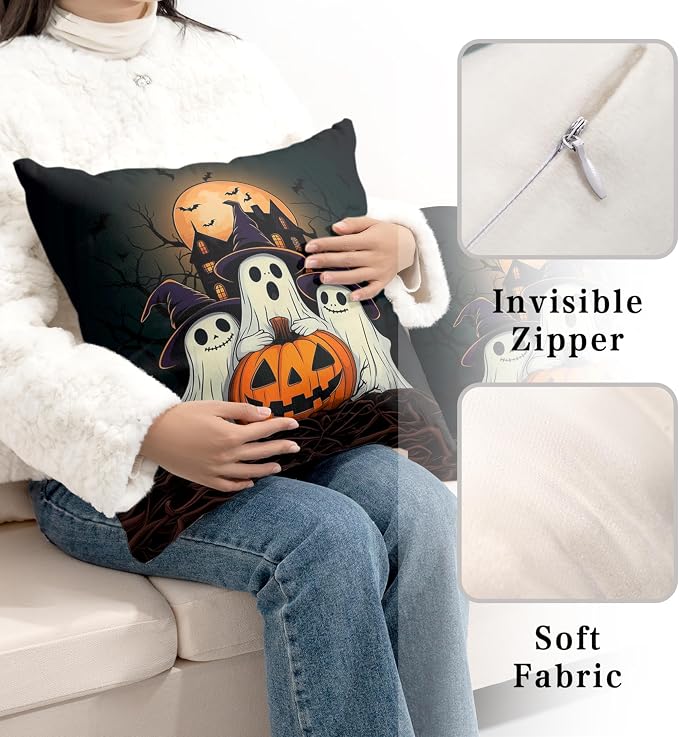 Set of 2 Halloween Pillow Covers 18x18 Ghost Throw Pillow Covers Full Moon Night Castle Bat Pillow Case Jack-O-Lantern Cushion Case for Holiday Party Decor Couch Sofa
