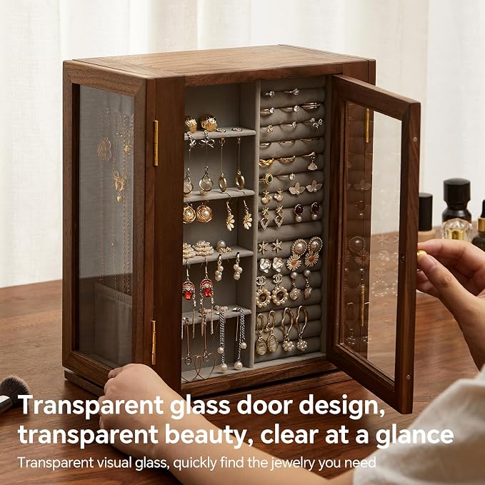 360 Rotating Design Wooden Jewelry Box for Women | Large Jewelry Organizer with Velvet Lining, 5 Drawers, Transparent Glass Doors, Black Walnut Wood Grain