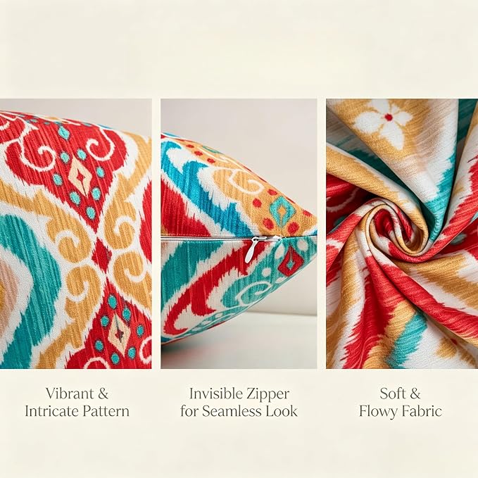 Boho Throw Pillow Covers 18x18 Set of 4 Colorful Ikat Geometric Decorative Cushion Covers with Hidden Zipper Soft Polyester Double Sided Print Machine Washable, No Inserts