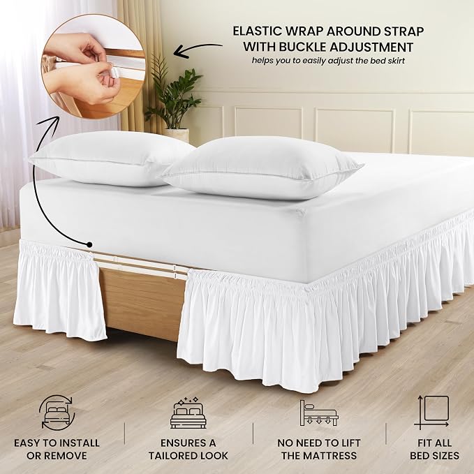 Wrap Around Ruffle Twin Size Bed Skirt – Adjustable Buckle & Elastic Belt for Easy Installation, 16 Inch Drop – Brushed Microfiber - Machine Washable, Fade and Wrinkle Resistant, White | No Mattress Lifting, Stay-Put Design, Adjustable Buckle & Elastic...