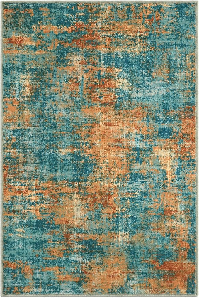 Lansny Abstract Washable Entryway Rug 3x5 Area Rug Non Slip Kitchen Rugs | Teal/Orange;Thin Printed Faux Wool Door Mat;Front Door Rug;Indoor Entry Rug;Rubber Backed Floor Carpet;Throw Rugs