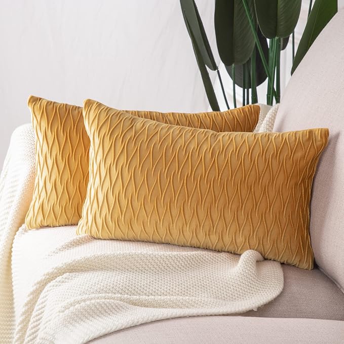 MADIZZ Set of 2 Super Soft Velvet Decorative Throw Pillow Covers 12x20 inch Gold Rectangular with Texture Luxury Style Cushion Case Pillow Shell for Sofa Bedroom