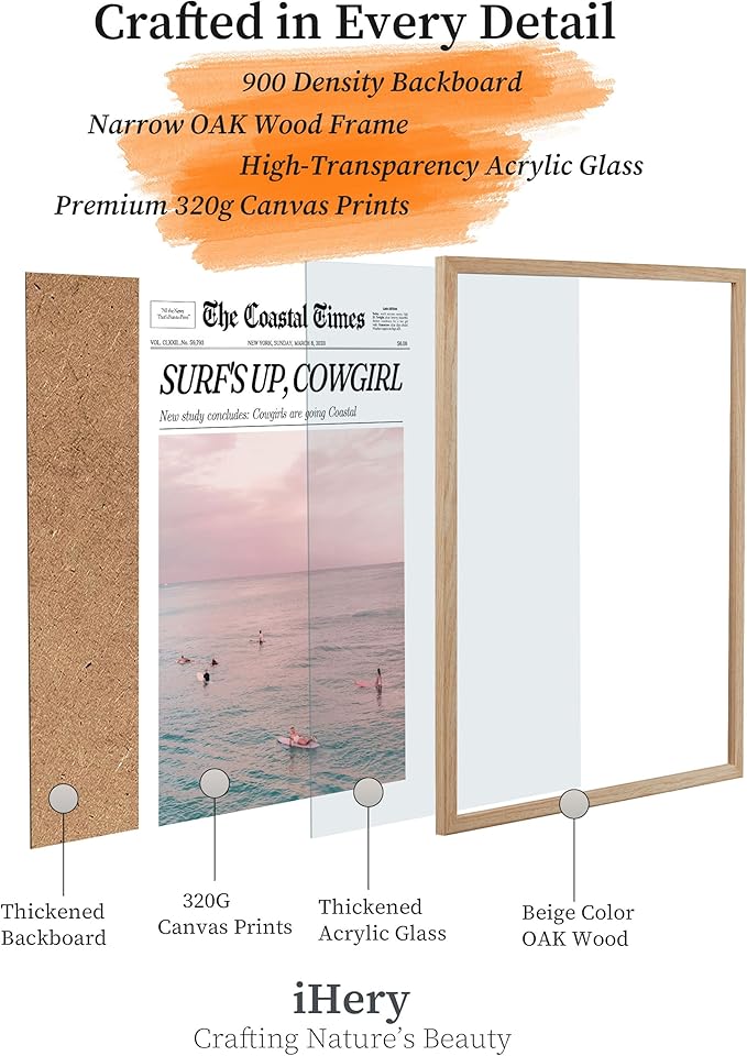 iHery 12x16in Surf’s Up Cowgirl Framed Newspaper Wall Art | Natural OAK Wood Frame with Canvas Print, Coastal Cowgirl Decor for Bedroom, Dorm, Living Room and Bar Cart, 1Pack