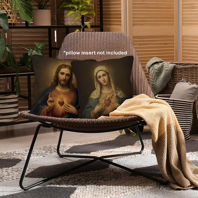 Catholic Sacred Heart of Jesus Immaculate Heart of Mary Throw Pillow Cover Gifts 18x18 Set of 2, Christian Virgin Mary Decor Pillow Cases for Bedroom, Religious Decorative Pillowcases