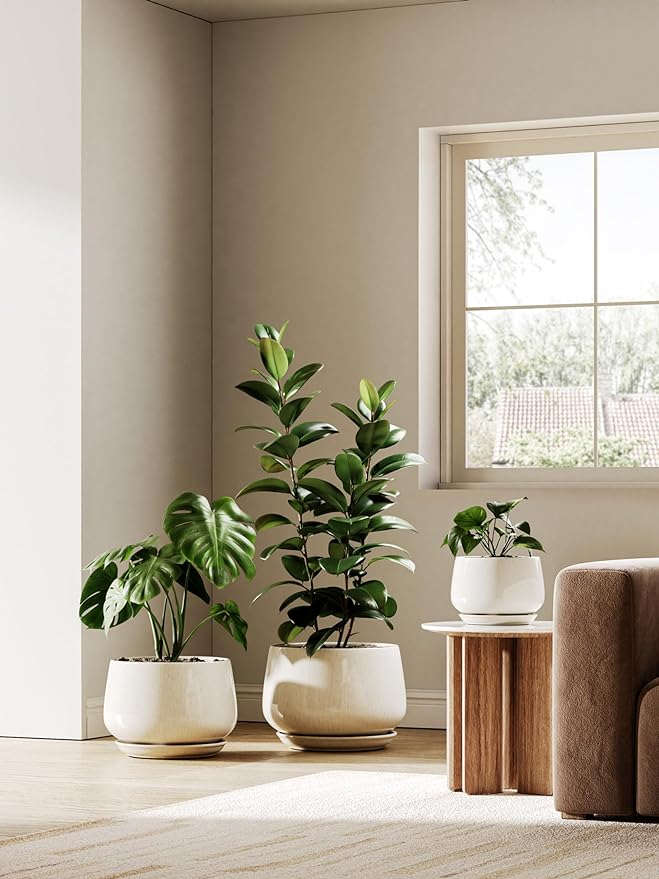 LE TAUCI Ceramic Planter, 10 Inch Plant Pot with Drainage Hole & Saucer – Durable Indoor Planter for Modern Home Decor, Reactive Glaze Beige