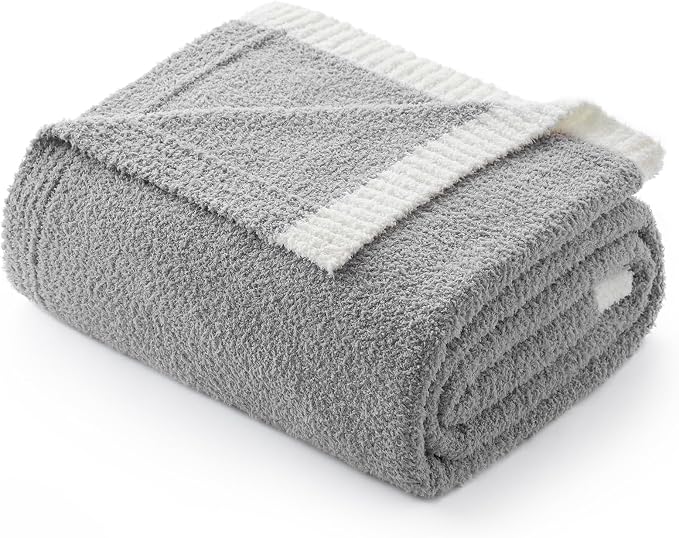 Snuggle Sac Ultra Soft Throw Blanket for Couch Bed Sofa 50x60 inches, Reversible Grey Blanket Microfiber Fluffy Fuzzy Cozy Knit Throws for Women Mothers Birthday Gifts