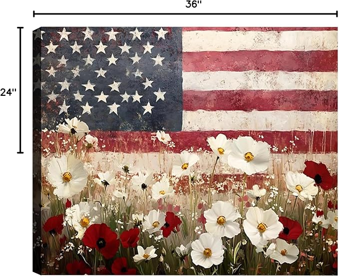 Framed American Flag Wildflower Field Wall Art, Patriotic Rustic Canvas Art Pictures, USA Flag Coastal Meadow Wall Decor, Made in USA Ready to Hang for Living Room Bedroom