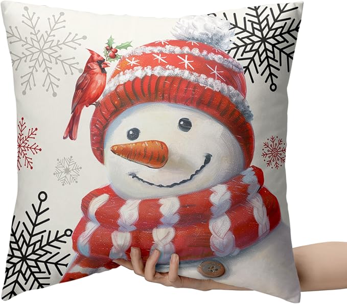 Christmas Snowman Pillow Covers 16x16 Set of 2 Lovely Red Snowman with Cardinal Bird Snowflake Cushion Case Winter Holiday Throw Pillow Covers for Living Room Bedroom Sofa