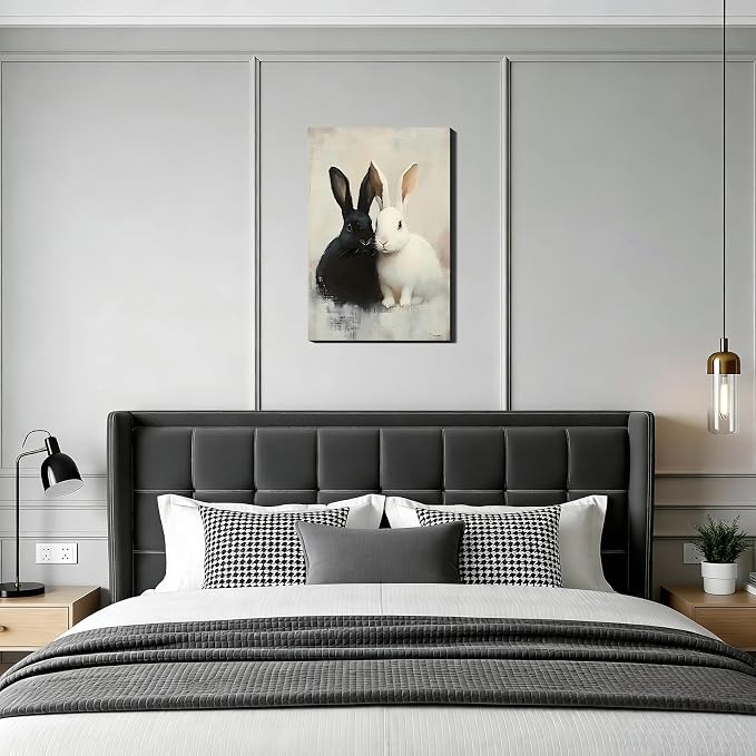 Black and White Easter Bunny Framed Canvas Art, Minimal Spring Easter Prints Pictures Wall Decor for Office, Rabbit Wall Art & Workspace Holiday Home Wall Decoration, 24x36 In