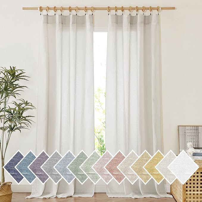 NICETOWN Linen Sheer Curtains and Drapes for Living Room, Rod Pocket & Back Tab Semitransparent with Light Through Vertical Window Treatments for Sliding Glass Door, Natural, W52 x L84, Set of 2