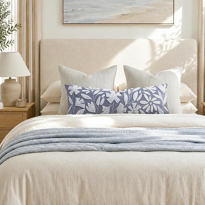 BlissBlush Long Lumbar Pillow Cover 14x36 for Bed, Coastal Dusty Blue Floral Tufted Velvet Accent Oversize Throw Pillowcase for Bedroom, Cover Only