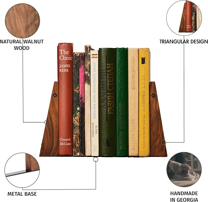 TILISMA Walnut Bookends for Shelves | Wooden Book Ends for Shelves | Sturdy Book Holders, Stoppers with Metal Base for Bookshelves | Slick Decorative Bookends Stands Firmly on Bookshelf (Pair)