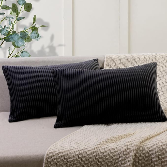 YCOLL Black 12x20 Pillow Cover Set of 2 Velvet Striped Pattern - Soft Throw Pillows for Home Decor, Luxury Decorative Pillow Covers for Couch, Bed,Living Room