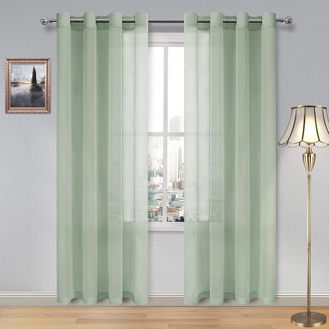 DWCN Sheer Curtains for Living Room Bedroom - Faux Linen Look Voile Drapes Grommet Top Window Curtain Panel 52 x 84 Inches Long, Bean Green, Set of 2 Panels