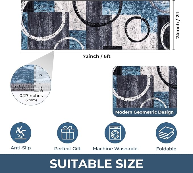 Yamaziot 2x6 Washable Modern Abstract Runner Rug Non-Slip for Hallways | Stain Resistant Kitchen Rug with Rubber Backing, Low Pile, Ultra Soft Carpet Runner for Bedroom, Laundry, Entryway, Blue