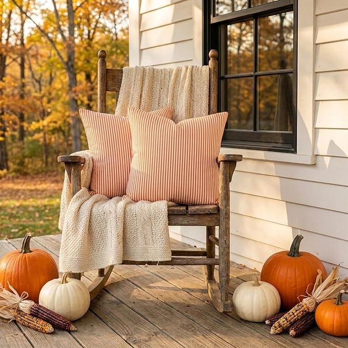 Burnt Orange Fall Striped Couch Pillow Covers 18x18, Autumn Pillow Covers | Set of 2, Thanksgiving Autumn Pillow Cover 18 x 18, Cojines De Otoño Para Sala, Aesthetic Fall Decor, Fall Sofa Couch Bed