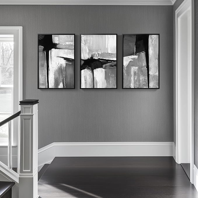 Framed Black White Gray Abstract Wall Art, 3 Piece Canvas Prints 16x24 In | Modern Minimalist Artwork, Solid Frames, Abstract Paintings, Neutral Pictures, Living Room Bedroom Office Hallway Wall Decor