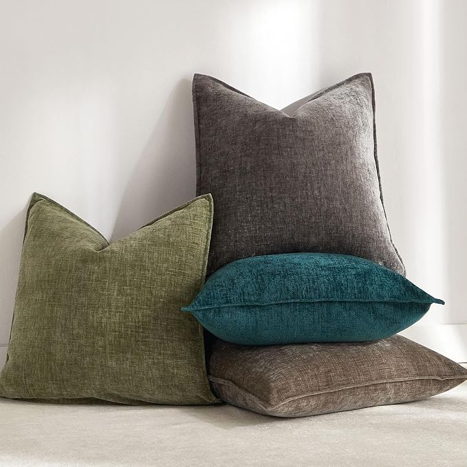 JUSPURBET 20x20 Chenille Decorative Throw Pillow Covers Set of 2,Sage | Cozy Soft Cushion Covers Case with Hidden Zipper for Couch Sofa Bed Home Decor Living Room