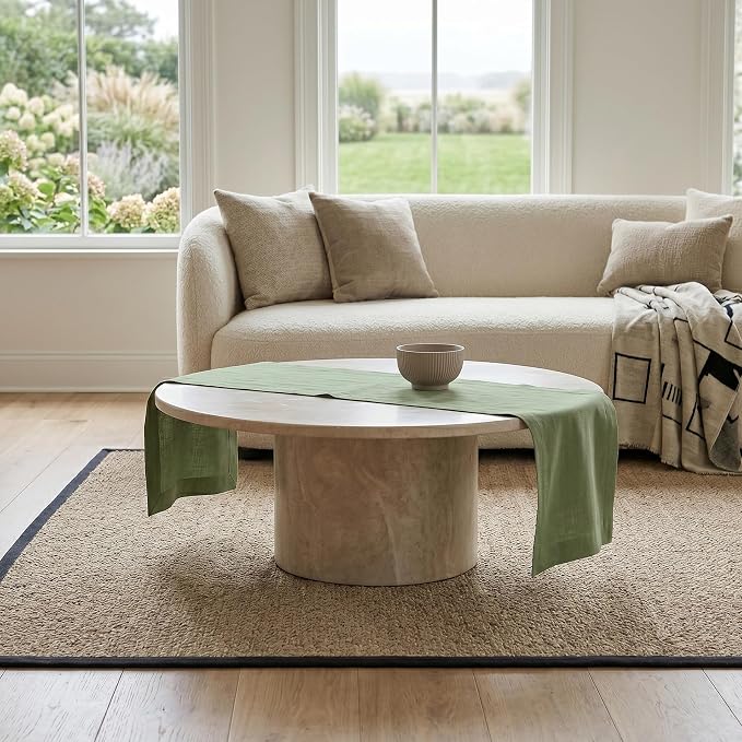Solino Home 100% Pure Linen Table Runner Oil Green Woven, Fete 14 x 48 in | a graceful centrepiece for dining and gatherings, European flax fibres, gift ready packaging, Oil Green, OEKO-TEX Certified