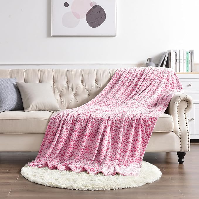 PLEASANT BOULEVARD | Leopard Throw Blanket Fleece, Premium Lightweight Cozy Warm Plush Microfiber Bedspread for Couch Sofa and Bed (Hot Pink, Throw (50 x 60 inches)