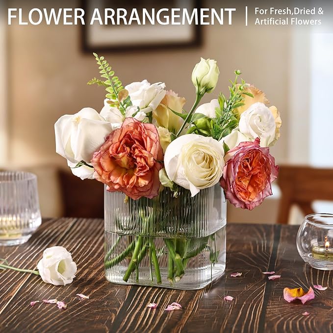 Square Clear Glass Vases Set of 6, 5" x 5" x 5" Flower Vases for Centerpieces, Square Vase for Centerpieces, Small Ribbed Flower Vases for Wedding, Party, Home Office Decoration