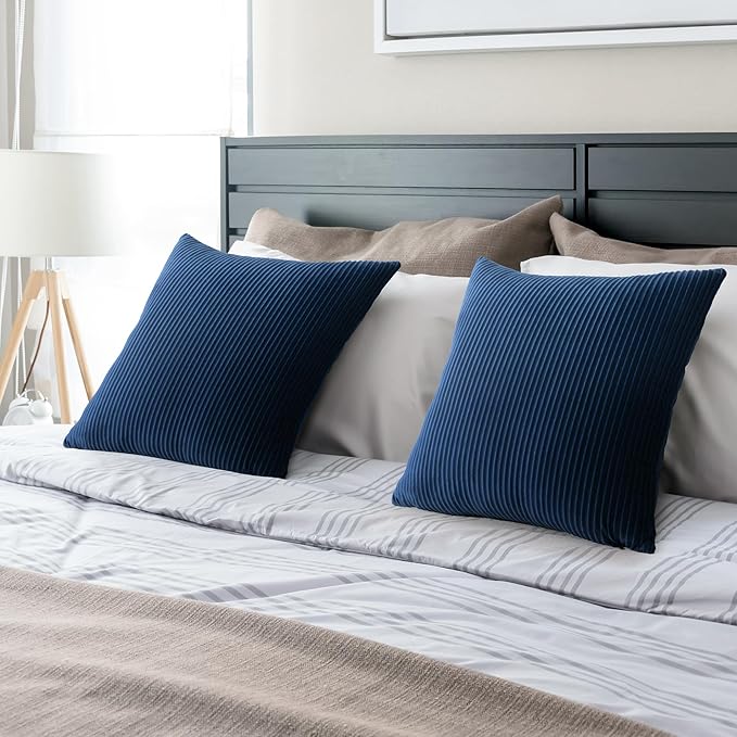 YCOLL Navy Blue Pillow Covers 22x22 Set of 2 Velvet Striped Pattern - Soft Throw Pillows for Home Decor, Luxury Decorative Pillow Covers for Couch, Bed,Living Room