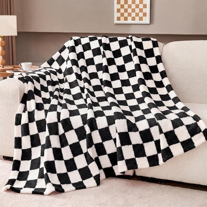 Black Checkered Twin Size Blanket, Soft Plush Microfiber Fleece Blanket for Couch Sofa Bed, Cozy Decorative Home Blanket, All Season, 60x80 Inches