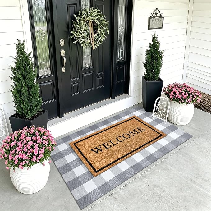 KOZYFLY Buffalo Plaid Area Rugs 3x5 Grey and White Washable Front Door Mat | Woven Cotton Outdoor Rug, Checkered Doormat for Front Porch Patio Farmhouse, Indoor Kitchen Entryway Rug