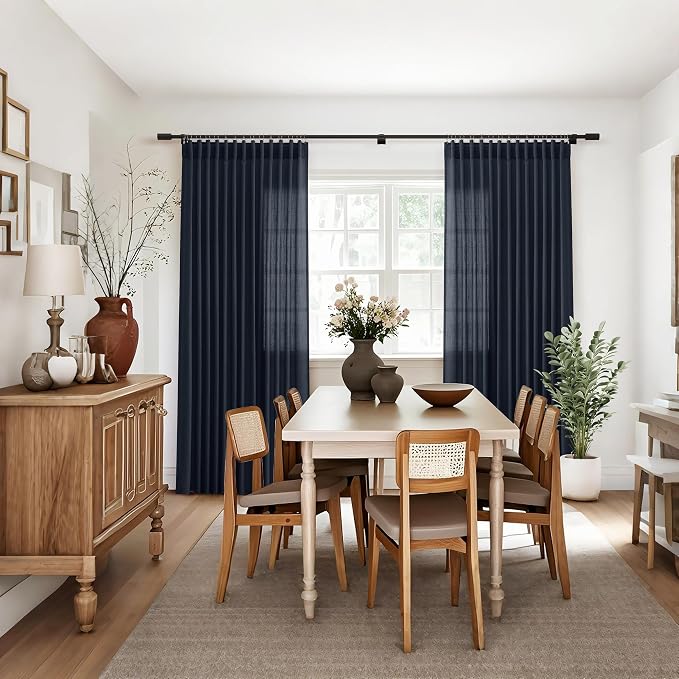 Jowels Retro Blue Linen Curtains 84 Inch Long 2 Panels for Living Room | Light Filtering Semi Sheer Curtain, Back Tab Pocket Pleated Look, Boho Farmhouse Textured Privacy Drapes for Bedroom Window