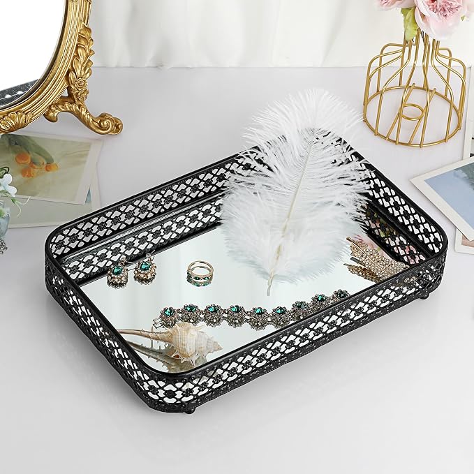 ELLDOO Black Mirror Glass Perfume & Makeup Vanity Tray, Medium Size